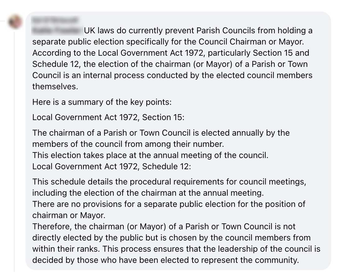 Councillor in Ross-on-Wye quotes Local Government Act to shut down members of public who'd like to be able to vote to choose the Mayor